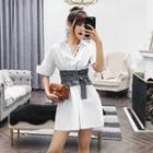Set: Elbow-sleeve Mini A-line Shirtdress + Corset Belt