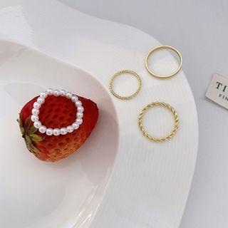 Set Of 4 : Faux Pearl / Alloy Ring (assorted Designs) Set Of 4 - Gold & White - One Size