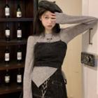 Chain Strap Denim Camisole Top / Long-sleeve Asymmetrical Hem T-shirt