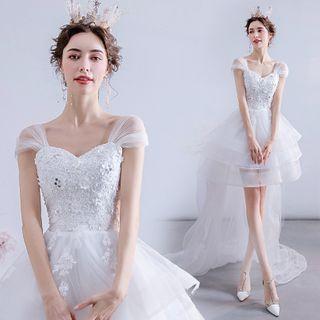 Mesh Strap Floral Embroidered High-low Wedding Gown