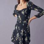 Long Sleeve French Square Collar Floral Mesh Dress