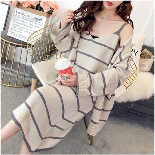 Set: Striped Open-front Cardigan + Striped Sleeveless Midi Knit Dress Off-white - One Size