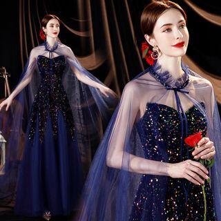 Set: Strapless Sequined Sheath Evening Gown + Mesh Cape