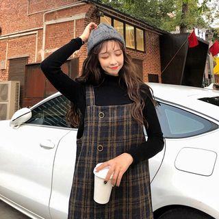 Set: Mock-neck Long-sleeve Knit Top + Plaid Midi Jumper Dress