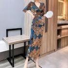 Elbow-sleeve Print Tie-waist Midi Sheath Dress