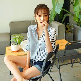 Open-placket Raglan Stripe Blouse