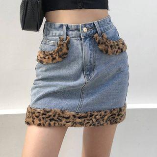 Leopard Print Fleece Trim Denim Mini Dress