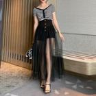 Set: Short-sleeve Striped T-shirt + Mesh Maxi Skirt