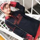 Mock Two Piece Letter Embroidered Plaid Panel Hoodie