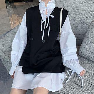 Set: Lantern-sleeve Blouse + V-neck Vest