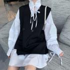 Set: Lantern-sleeve Blouse + V-neck Vest