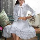 Set: Long-sleeve Tie-neck Check Top + Embroidered Check Skirt