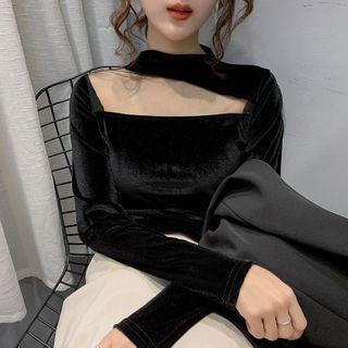 Mock-neck Mesh Panel Velvet Top
