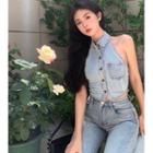 Sleeveless Halter Denim Top / Mid-waist Flared Jeans