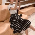 Set: Short-sleeve Lace Trim T-shirt + Polka Dot Tiered Midi Skirt