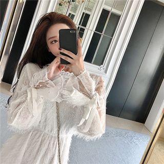 Long-sleeve Textured Mesh Midi A-line Dress