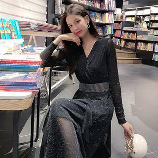 V-neck Glitter Long-sleeve Dress