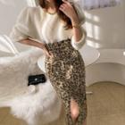 Woolen Leopard Midi Pencil Skirt
