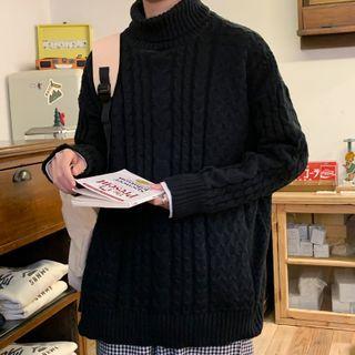 High-neck Long-sleeve Plain Cable Knit Sweater