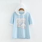 Printed Hooded Short-sleeve T-shirt Blue - One Size