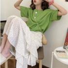 Button Short-sleeve T-shirt / Tiered Midi Skirt