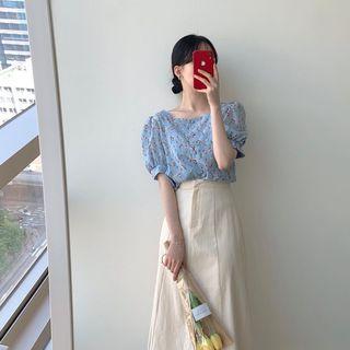 Flower Print Puff-sleeve Blouse / High-waist Midi A-line Skirt