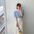 Flower Print Puff-sleeve Blouse / High-waist Midi A-line Skirt