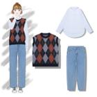 Argyle Knit Vest / Striped Shirt / Cropped Jeans