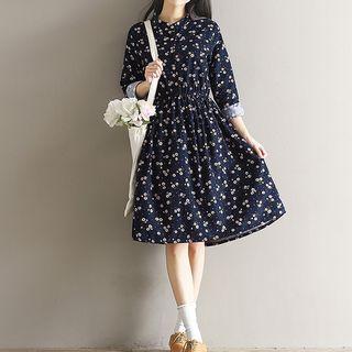 Floral Print Corduroy Long-sleeve A-line Midi Dress
