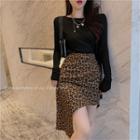 Plain Long-sleeve T-shirt / Leopard Print Asymmetric Hem Straight-fit Skirt