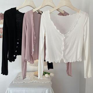 Long-sleeve Plain Ruffled-trim  Cropped Cardigan