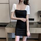 Square-neck Two-tone Mini Dress