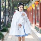 Floral Embroidered Furry Hood Cape White - One Size