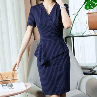 Short-sleeve Pinstriped Peplum Dress
