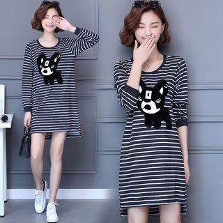 Dog Applique Striped Long Sleeve Dress