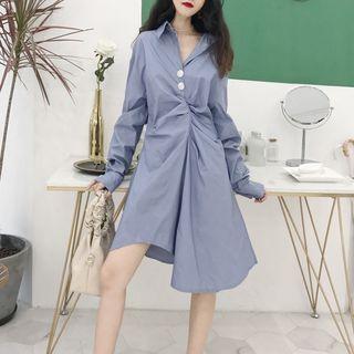 Long-sleeve Ruched Collared A-line Dress