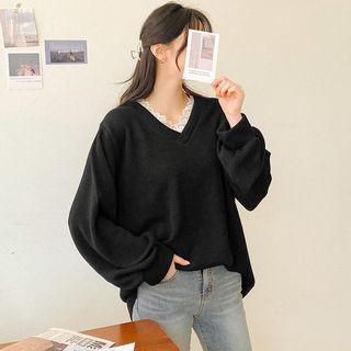 Lace-neck Ribbed Sweatshirt