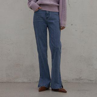 Slit-side Napped Straight-leg Jeans