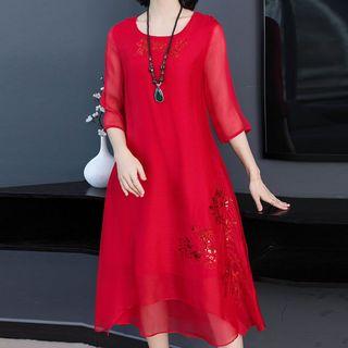 Traditional Chinese 3/4-sleeve Sequined Midi Shift Dress