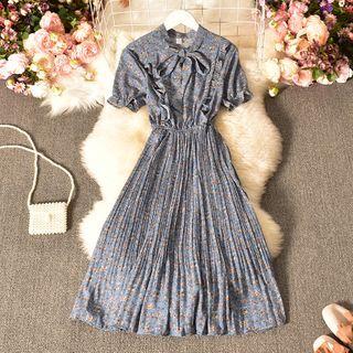 Bow-neck Floral Accordion Pleated Midi A-line Dress