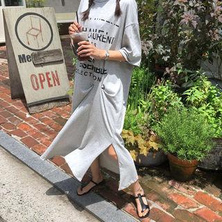 Lettering Pintuck-detail Maxi T-shirt Dress