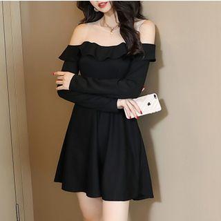 Off-shoulder Long-sleeve Ruffle-trim Mini A-line Dress