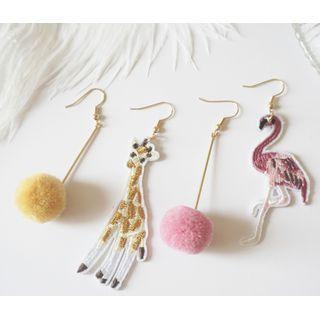 Non-matching Embroidered Animal Pom Pom Dangle Earring