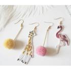 Non-matching Embroidered Animal Pom Pom Dangle Earring