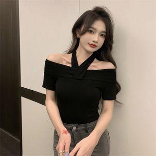 Short-sleeve Off-shoulder Halter Top