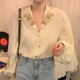 Floral Embroidery Button-up Blouse Almond - One Size