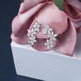 925 Sterling Silver Rhinestone Flower Earring 1 Pair - 925 Silver - Stud Earrings - Plum Blossom - One Size