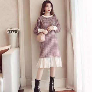 Mesh Panel Long-sleeve Gingham A-line Dress