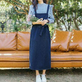 Tie Waist Denim Midi Pinafore Dress