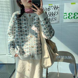 Long-sleeve Turtleneck T-shirt / Floral Patterned Cardigan